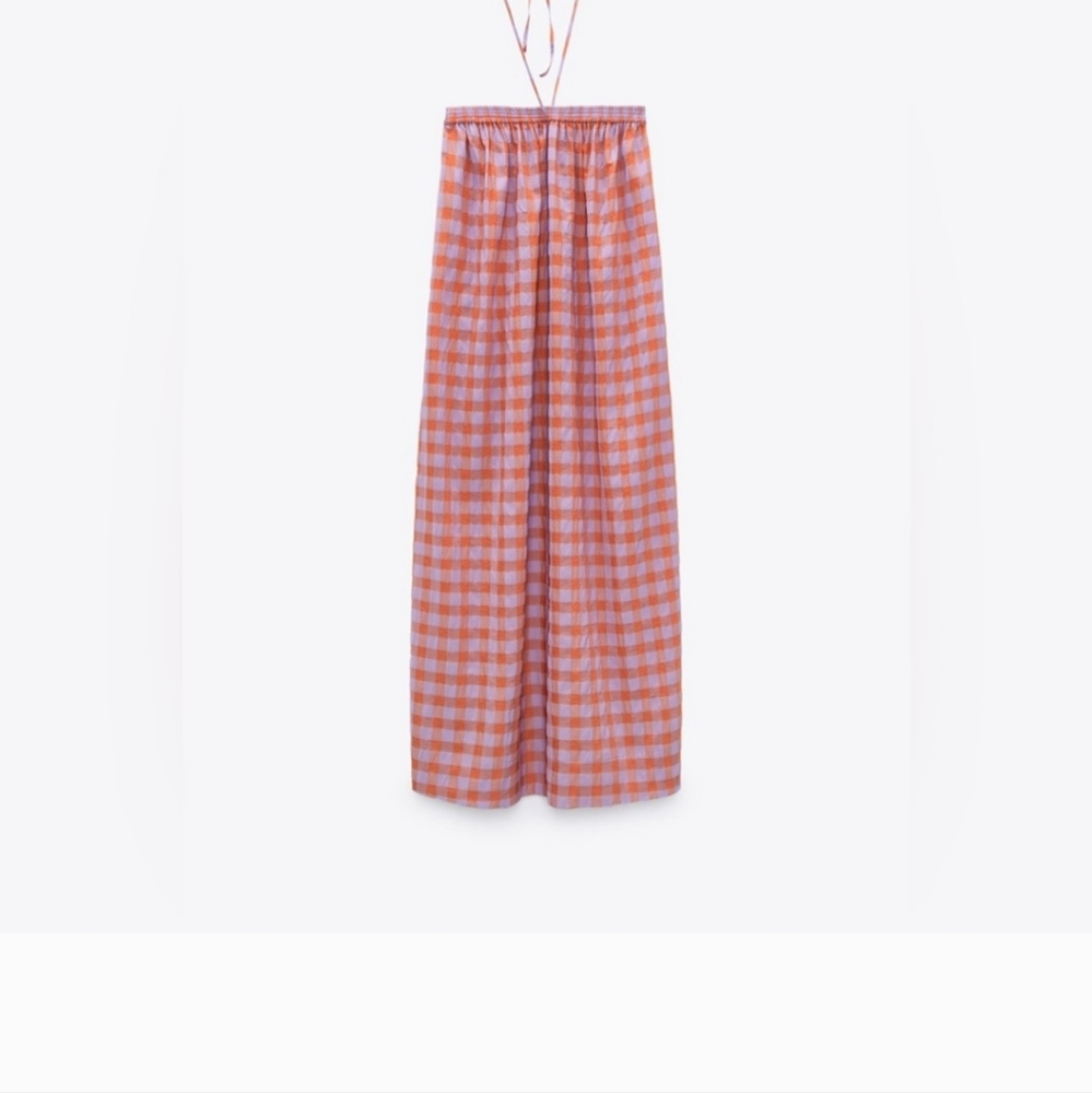 Zara Long Halterneck Gingham Check Midi Dress Orange Purple medium  NWT